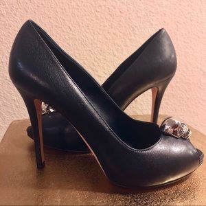 Alexander McQueen Navy Peep Toe Silver Skull Heels